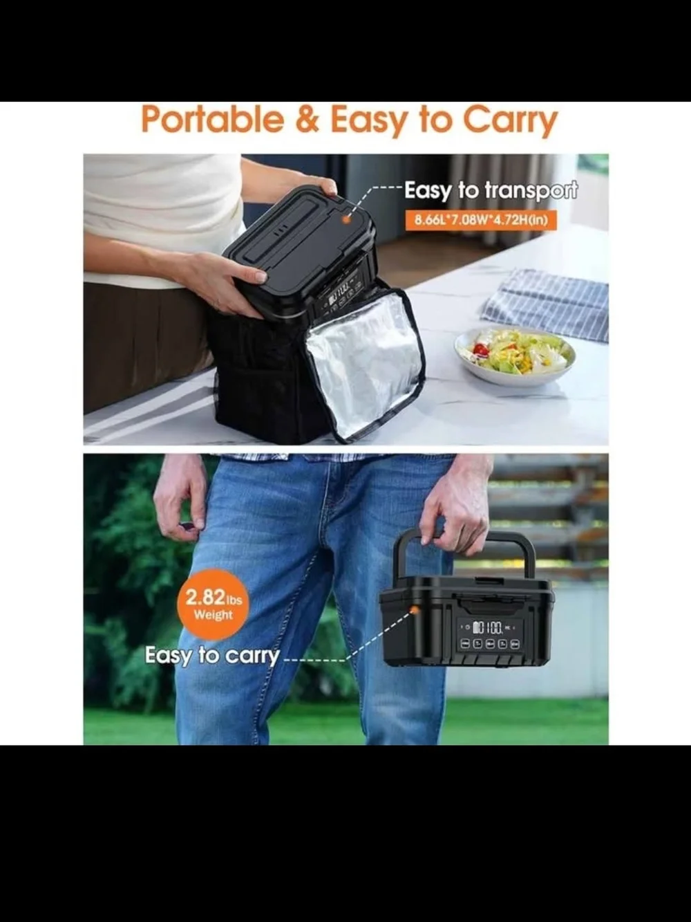 New Electric Heated Lunch Box with Stainless Steel Insert - Black